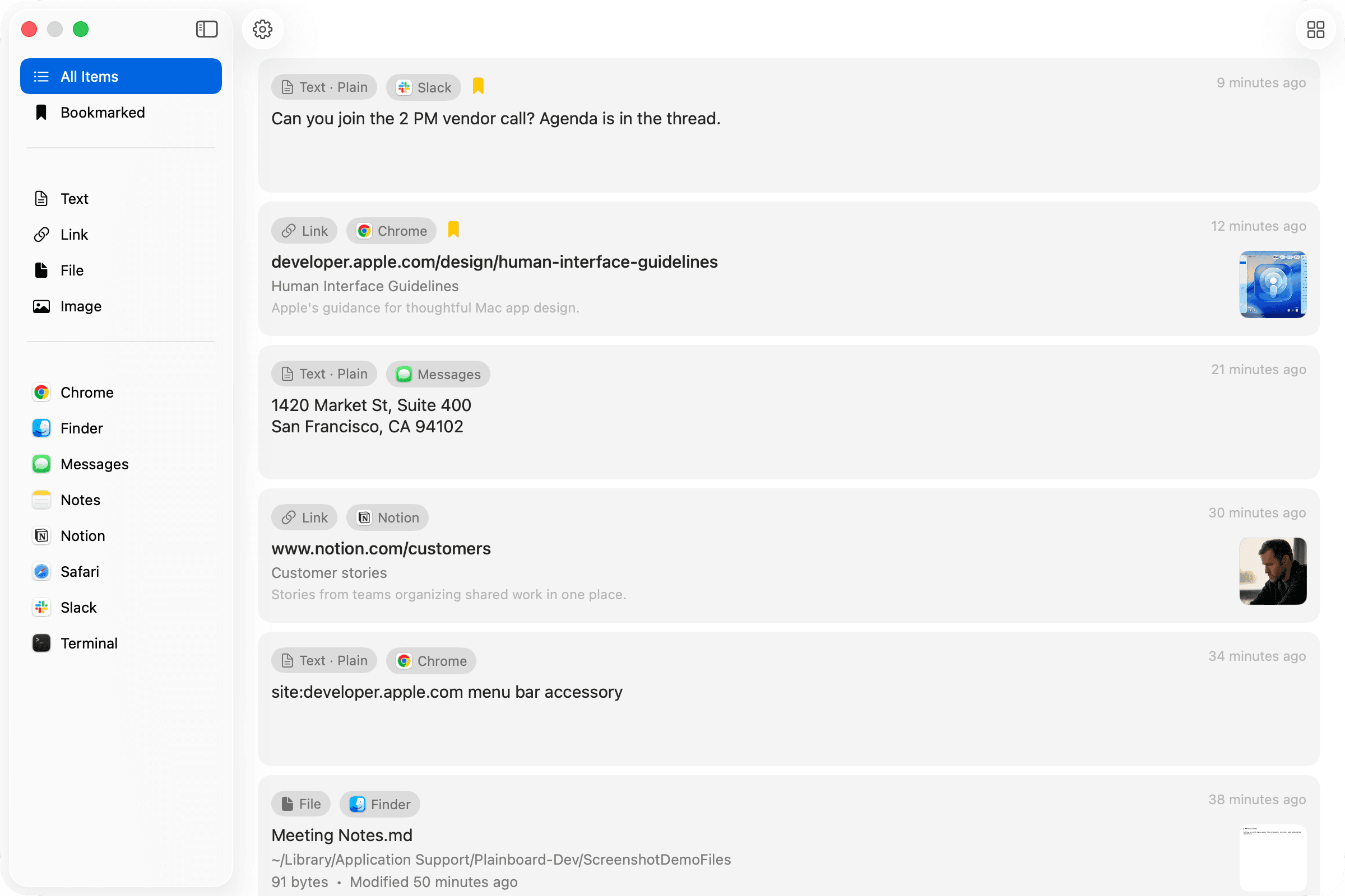 All Items · List. Browse Text, Link, File, and Image with type and app filters in the sidebar.