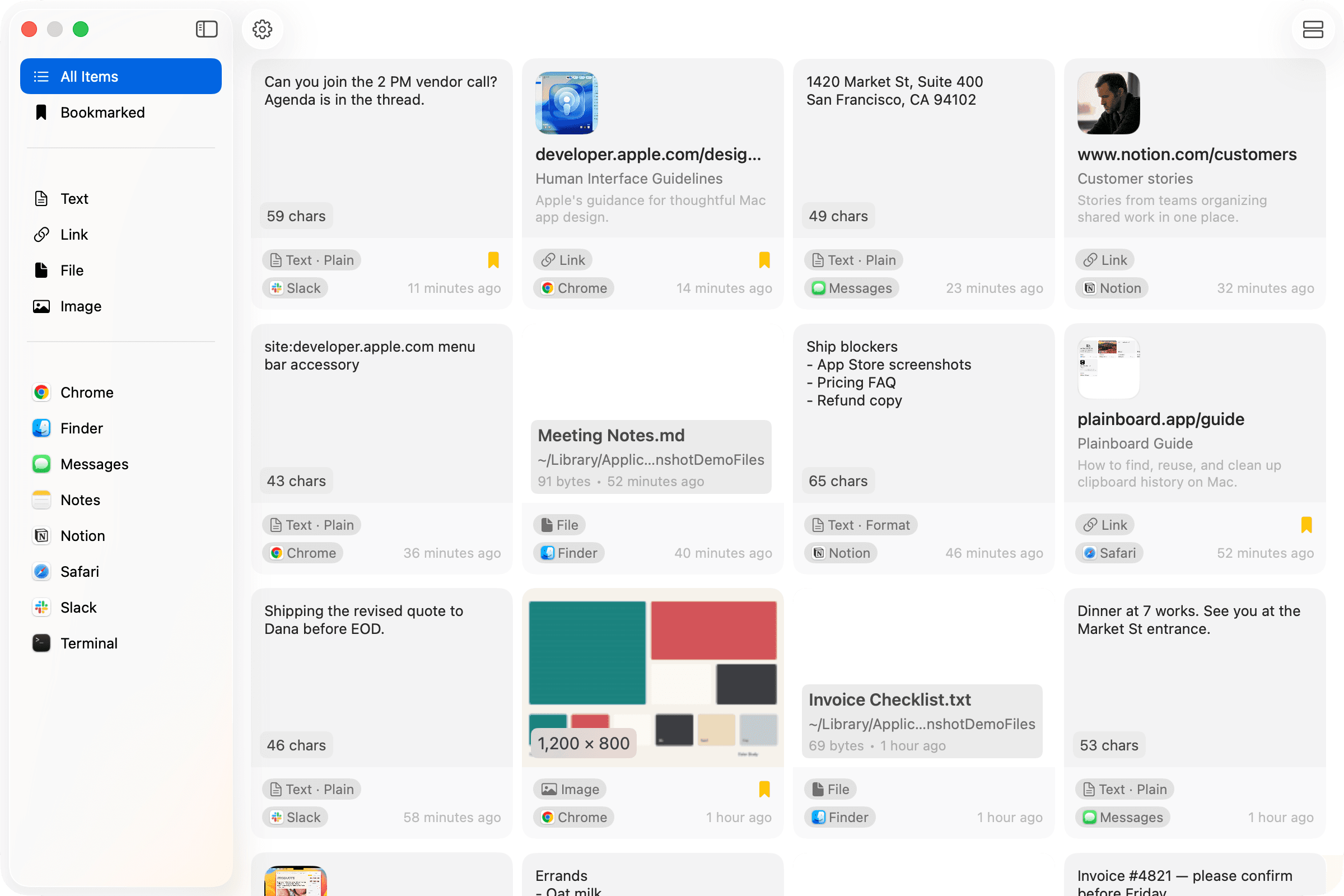 All Items · Grid. Scan Text, Link, File, and Image cards with type and app filters in the sidebar.